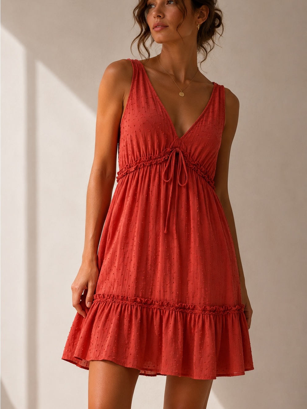 Lush Coral Swiss Dot Tiered Boho Dress Size M